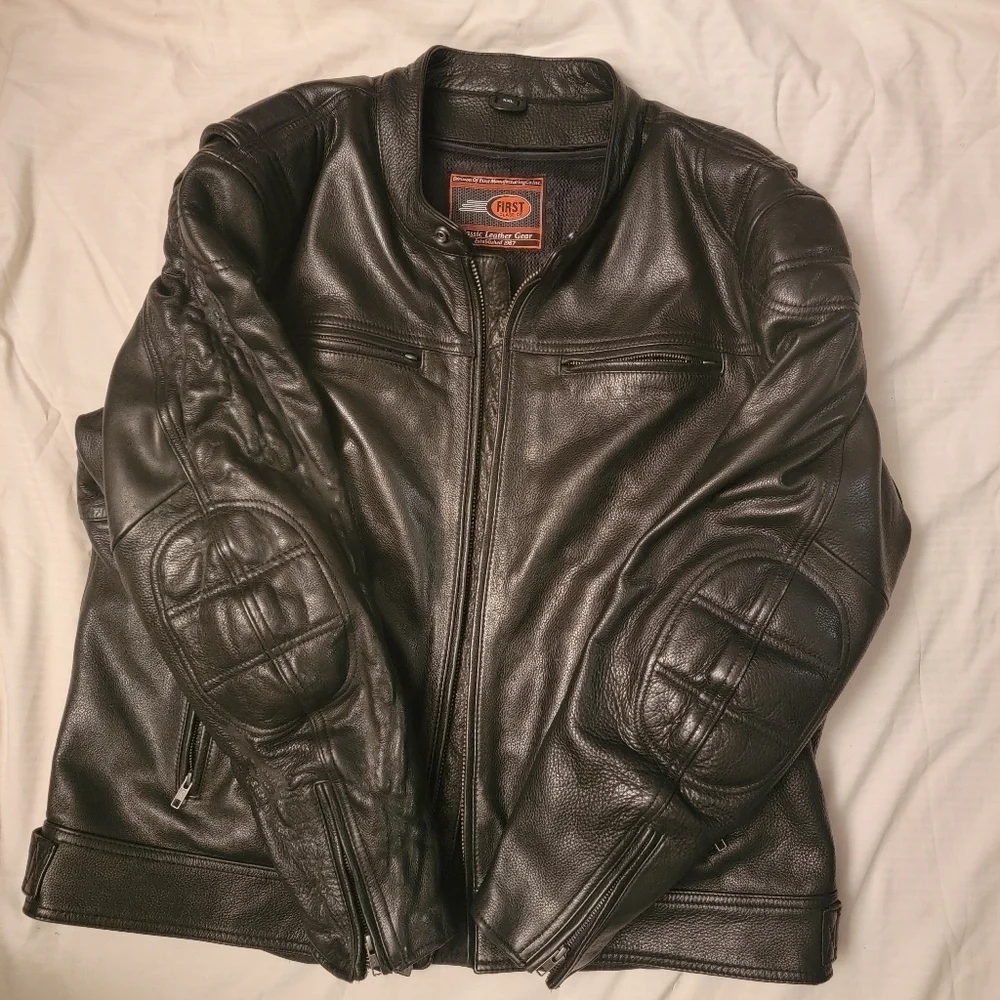 FIRST Classic  Black Leather Moto Biker Motorcycle Racer Jacket Men Size…